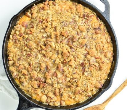 Skillet Sweet Potato Casserole with Bacon, Brown Sugar Crumble