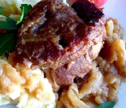 Cider-Braised Pork Shoulder with Caramelized Onion and Apple Confit