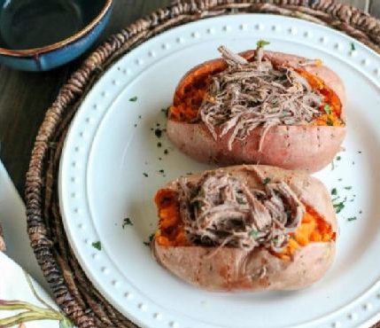 Shredded Roast Beef Stuffed Sweet Potatoes (Whole 30 & Paleo)