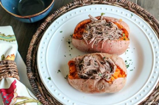 Shredded Roast Beef Stuffed Sweet Potatoes (Whole 30 & Paleo)